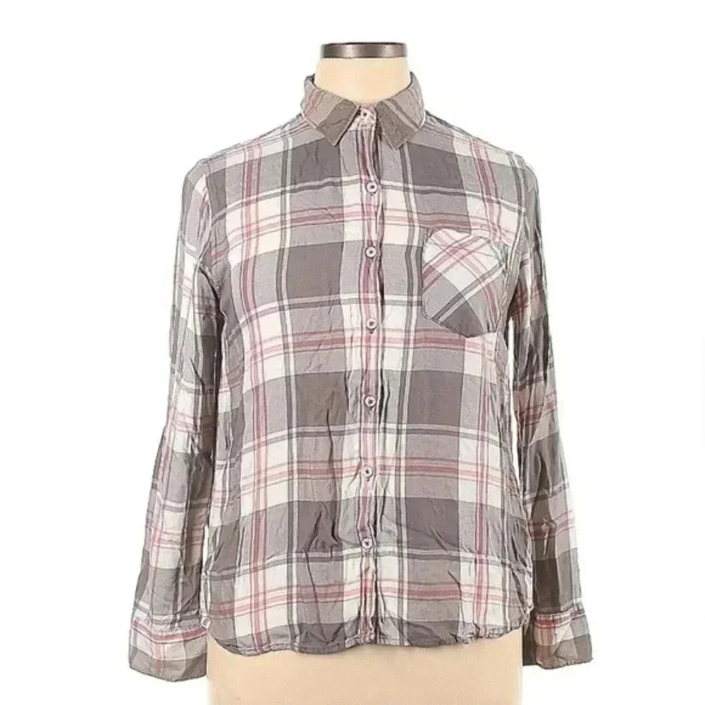 Vintage Woolrich Grey Cream Red Plaid Button Down Long Sleeve Blouse Size XL